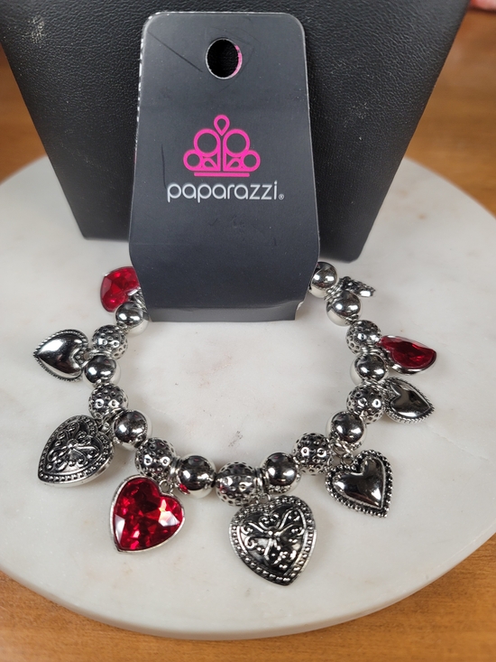 paparazzi Jewelry - paparazzi Silver Heart Charm Bracelet with Red Teardrop and Heart Stones